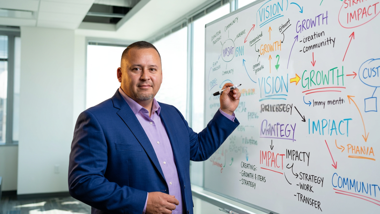 Neal Reyes mapping out a technology strategy on a whiteboard